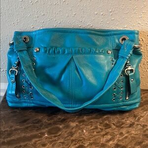 b. makowsky Teal Leather Shoulder Bag with Lace-Up Trim